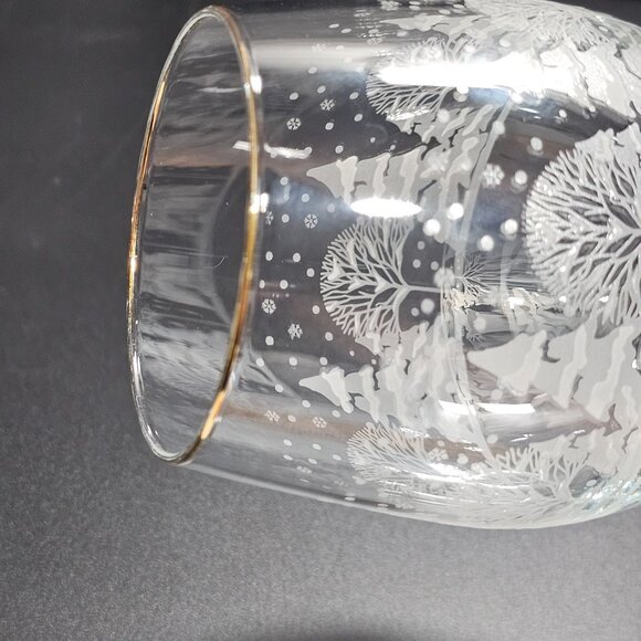 2 Libbey PINES Wine Glasses 10oz Winter Scene white decal gold rim Arbys Lynns C - Picture 9 of 11